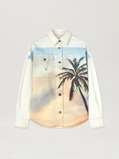 Palm Angels Sunrise Palm Denim Overshirt Off White - In Beige