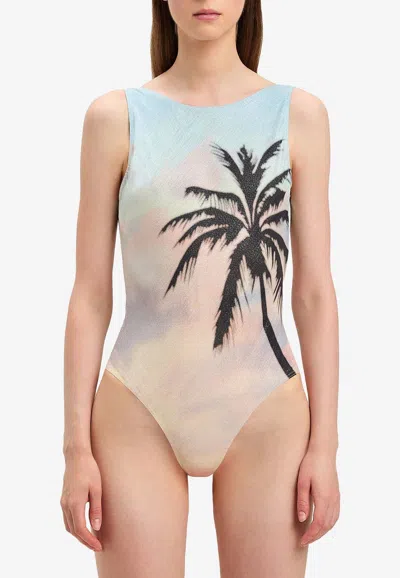 Palm Angels Sunrise Palm Print One-piece Swimsuit In Multi