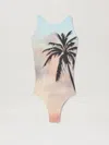 Palm Angels Sunrise Palm Print One-piece Swimsuit In 8410 Multicolor - Black
