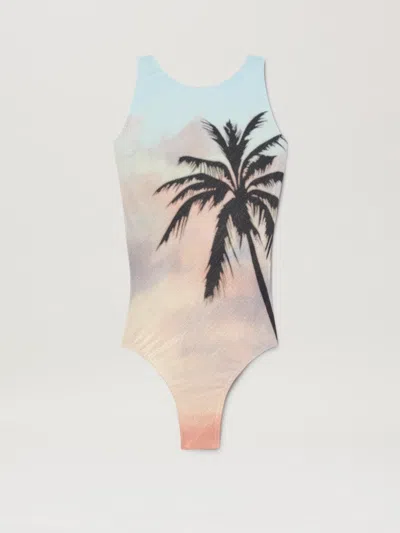 Palm Angels Sunrise Palm Print One-piece Swimsuit In Multicolor - Black