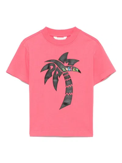 Palm Angels Kids' Surf Palm-print T-shirt In Pink