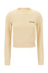 Palm Angels Cream White Crewneck Sweater With Embroidered Logo In 0310