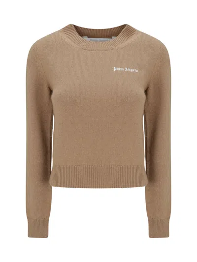 Palm Angels Classic Logo Knit Sweater In Camel Off