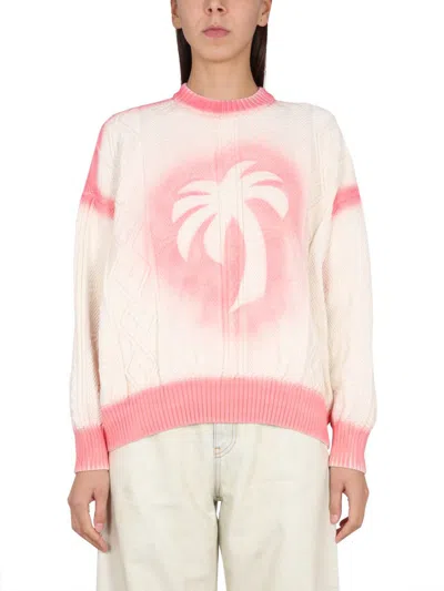 Palm Angels Sprayed Palm Jumper In Off White Pink