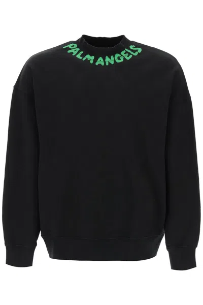 Palm Angels Seasonal Logo Cotton Sweatshirt In Black,green Fluo