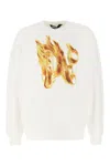 Palm Angels White Crewneck Sweatshirt With Burning Logo Print In Cotton Man