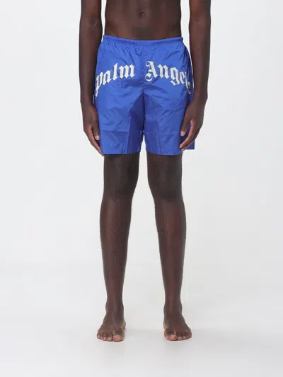 Palm Angels Curved Logo Swim Shorts Back Pocket In Blue