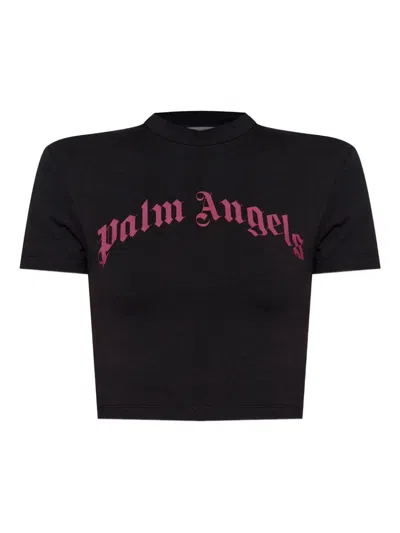 Palm Angels Cropped T-shirt With Gothic Fuchsia Print In Black