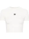 Palm Angels Cropped Cotton T-shirt With Logo Print In Bianco