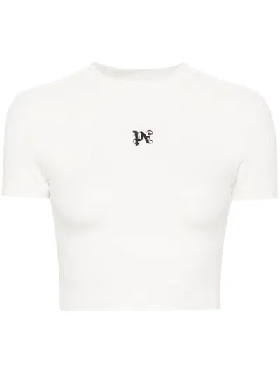 Palm Angels Cropped Cotton T-shirt With Logo Print In Beige
