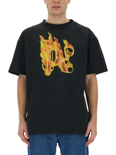 Palm Angels T-shirt With Burning Monogram Print In Black