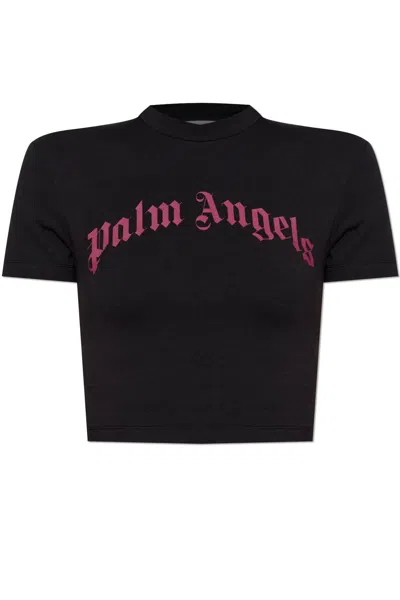Palm Angels Cropped T-shirt With Gothic Fuchsia Print In Black