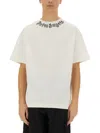 Palm Angels White Crewneck T-shirt With Logo Print On The Neck In Black