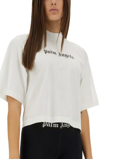 Palm Angels Logo Cropped T-shirt Crew Neck In White