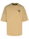 Palm Angels Beige Cotton T-shirt With Palm Print And Logo