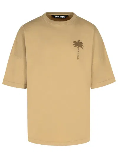 PALM ANGELS PALM ANGELS BEIGE COTTON T-SHIRT WITH PALM PRINT AND LOGO