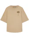 Palm Angels Beige Cotton T-shirt With Palm Print And Logo In Beige