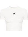 Palm Angels Cropped Cotton T-shirt With Logo Print In White