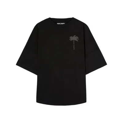 Palm Angels Blue Cotton T-shirt With Palm Print And Logo