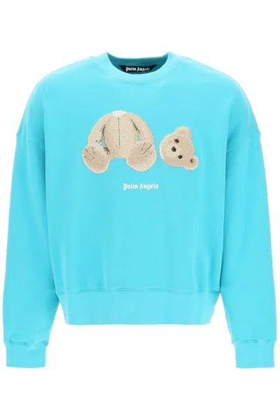 Palm Angels Bear Embroidered Sweatshirt With Print And Ribbed Details In Green