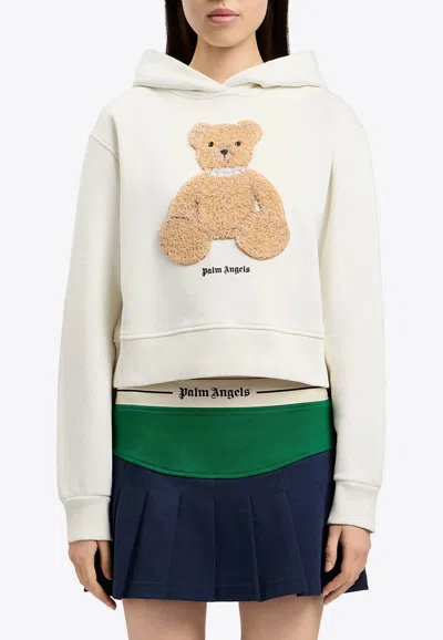 Palm Angels Textured Bear Cropped Hoodie In White