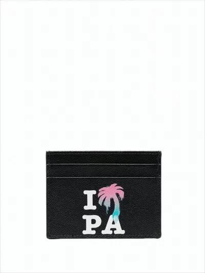 Palm Angels Textured Calf Leather Card Wallet With Graphic Design In Black