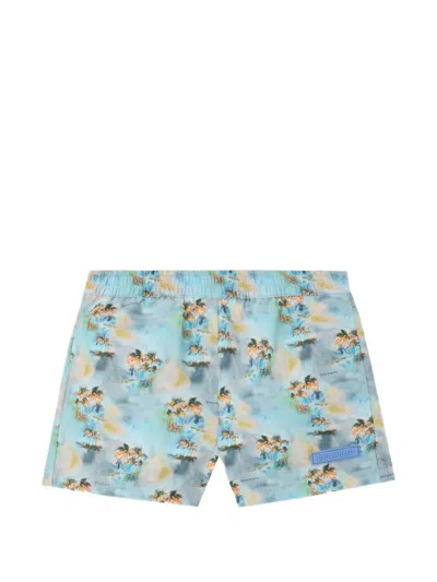 Palm Angels Kids' Aop Palms Beachwear Shorts In Blue