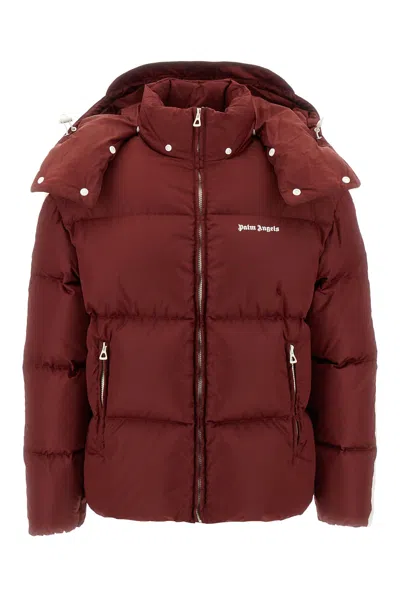 Palm Angels Men's Burgundy Hooded Down Jacket With Adjustable Drawstring And Contrasting Stripes