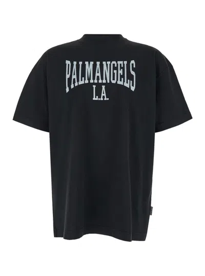 PALM ANGELS BLACK CREWNECK T-SHIRT WITH COLLEGE STYLE LOGO ON THE FRONT