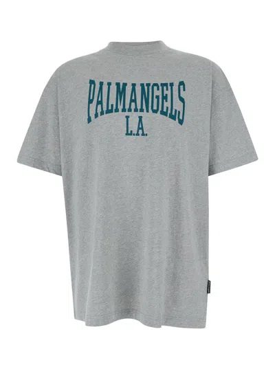 Palm Angels Grey Crewneck T-shirt With College Style Logo On The Front In Cotton Man
