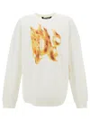 Palm Angels White Crewneck Sweatshirt With Burning Logo Print In Cotton Man In White
