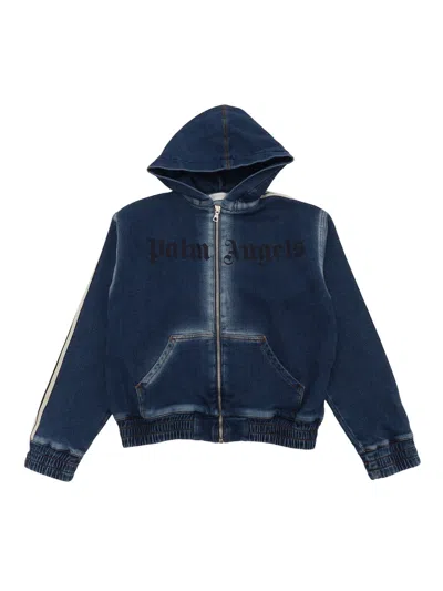 PALM ANGELS TRACK DENIM FLEECE ZIP HOODIE BLUE BLUE