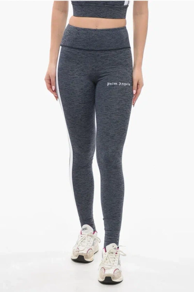 Palm Angels Track Melange Leggings With Gothic Print In Gray