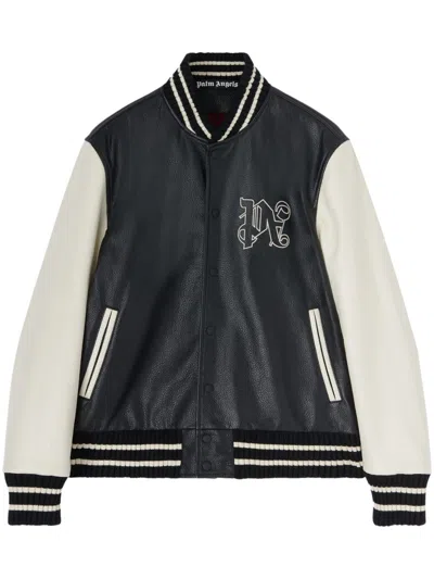 Palm Angels Two-tone Leather Varsity Jacket In White