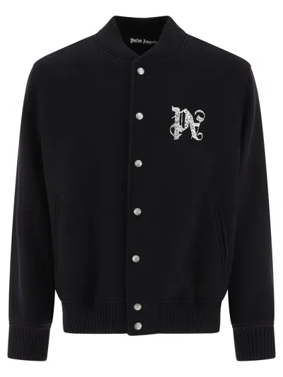 Palm Angels Monogram Wool Blend Varsity Jacket In Black  