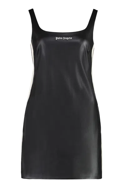 Palm Angels Vegan Leather Mini Dress With Side Stripes In Black
