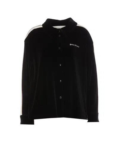 Palm Angels Logo-embroidered Velvet Track Shirt In Black/off White