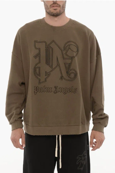 PALM ANGELS VINTAGE EFFECT CREW-NECK SWEATSHIRT WITH EMBOSSED MONOGRAM