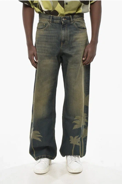 Palm Angels Vintage-wash Denim Loose-fit Jeans Laser Palms 28cm In Gray