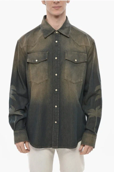 Palm Angels Vintage-washed Denim Shirt With Palm Motif In Multi
