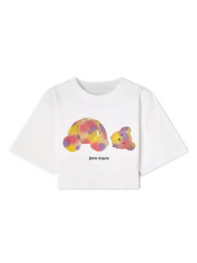 Palm Angels Kids' Bear Cotton Cropped T-shirt In White