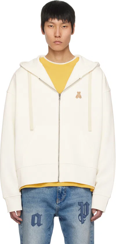 PALM ANGELS WHITE 'BEAR IN MIND' ZIPPED HOODIE