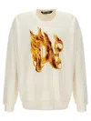 Palm Angels White Crewneck Sweatshirt With Burning Logo Print In Cotton Man In White
