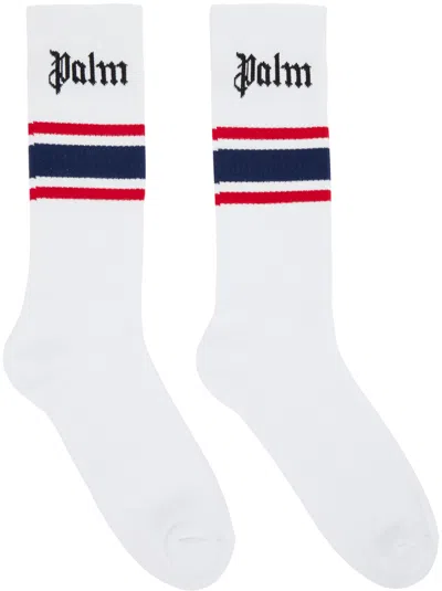 Palm Angels White Classic Logo Striped Socks In White Navy Bl