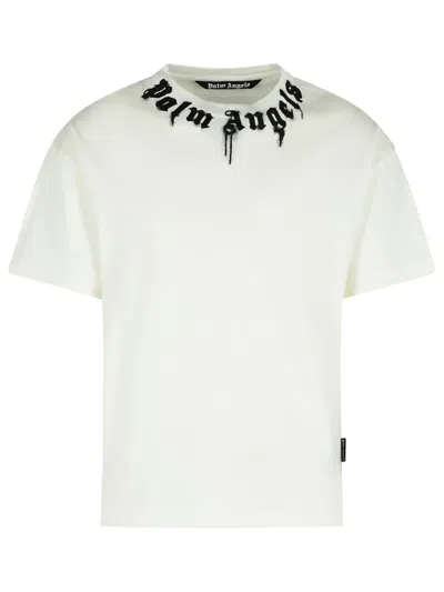 Palm Angels Classic Fit White Cotton T-shirt With Graphic Branding