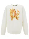 Palm Angels White Crewneck Sweatshirt With Burning Logo Print In Cotton Man In White