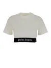 PALM ANGELS WHITE CROPPED T-SHIRT WITH JACQUARD LOGO IN COTTON WOMAN