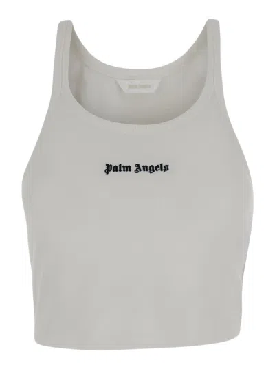 Palm Angels White Cropped Tank Top With Embroidered Logo In Cotton Woman