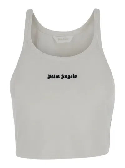 Palm Angels White Cropped Tank Top With Embroidered Logo In Cotton Woman