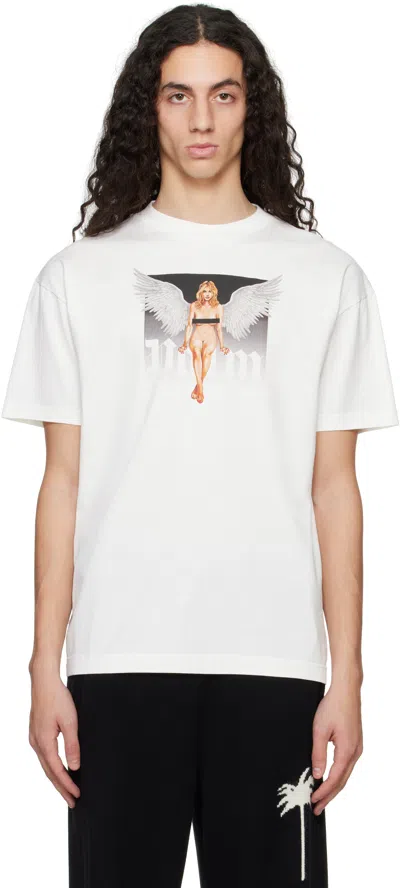 Palm Angels White Crystal Pin Up T-shirt In Off White - Black